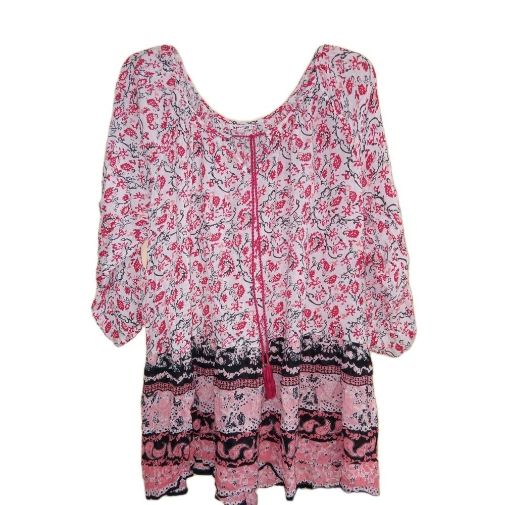 Womens Bongo Plus Top Tunic Sz 1X White Pink Floral Boho Hippie‎ Rayon